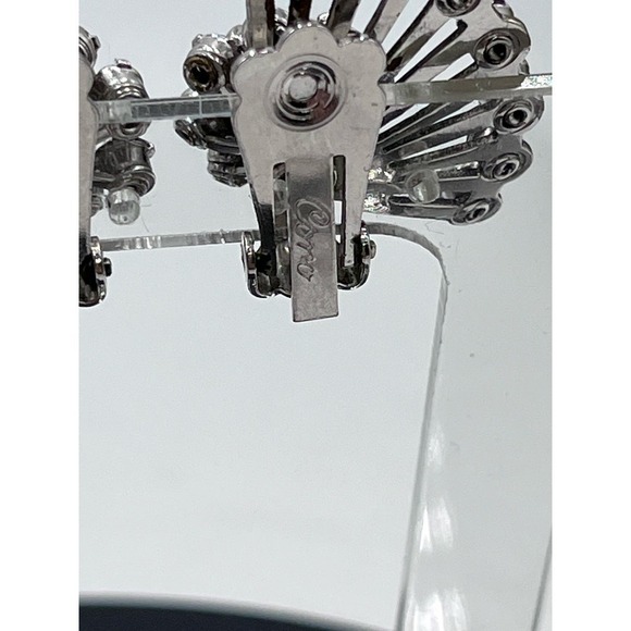 Coro Vintage Signed Rhinestone Clip-On Fan Silver Tone Black Crystal Earrings - Picture 6 of 16